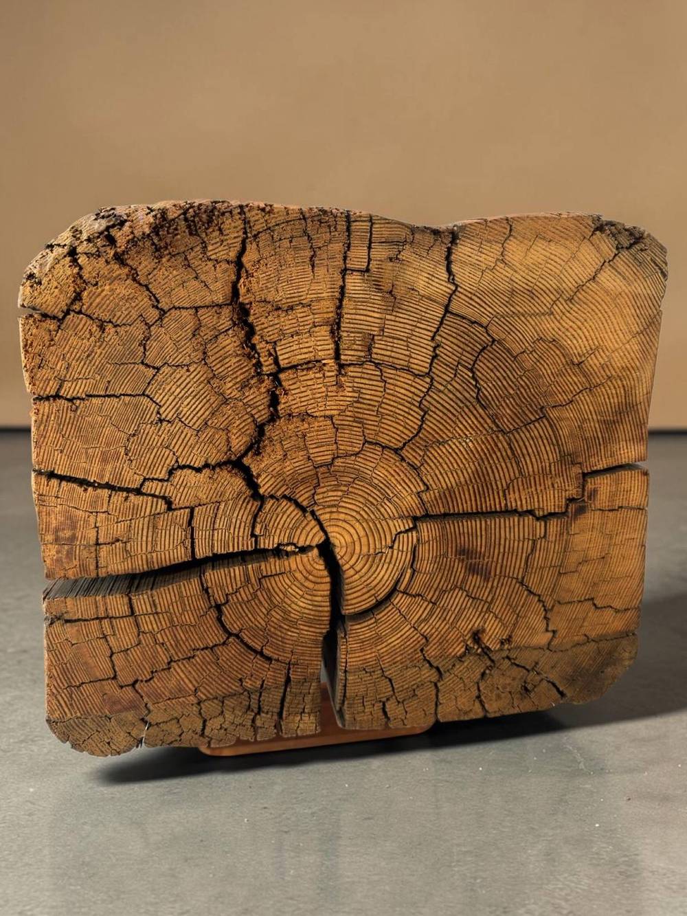 End grain detail of the reclaimed beam bench