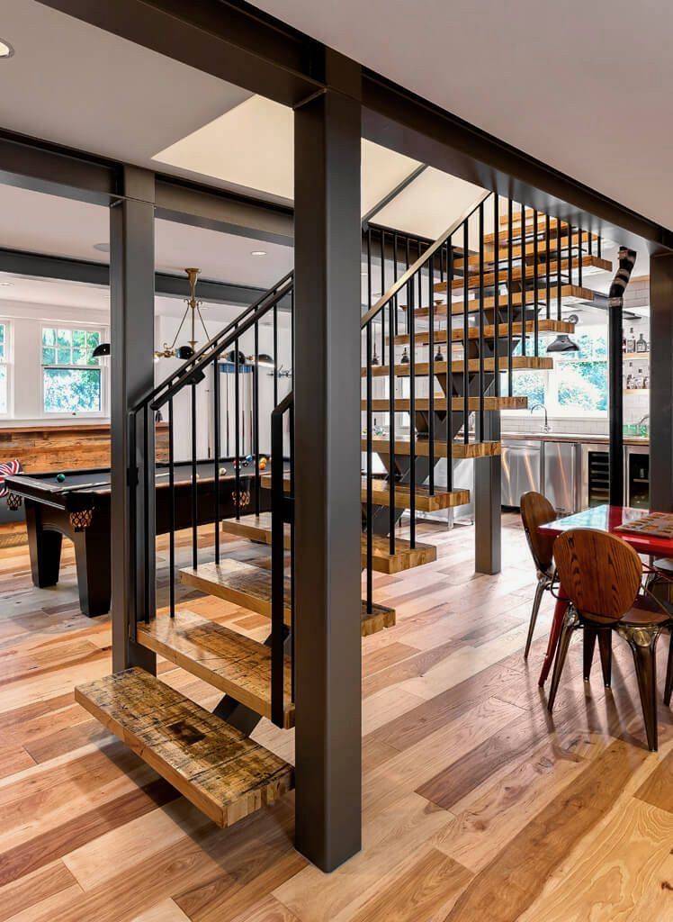 Hand-hewn beams over an open stair